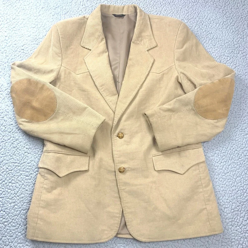 Vtg Pioneer Wear Western Blazer Mens 42 Tan Corduroy Leather Elbow Patch USA